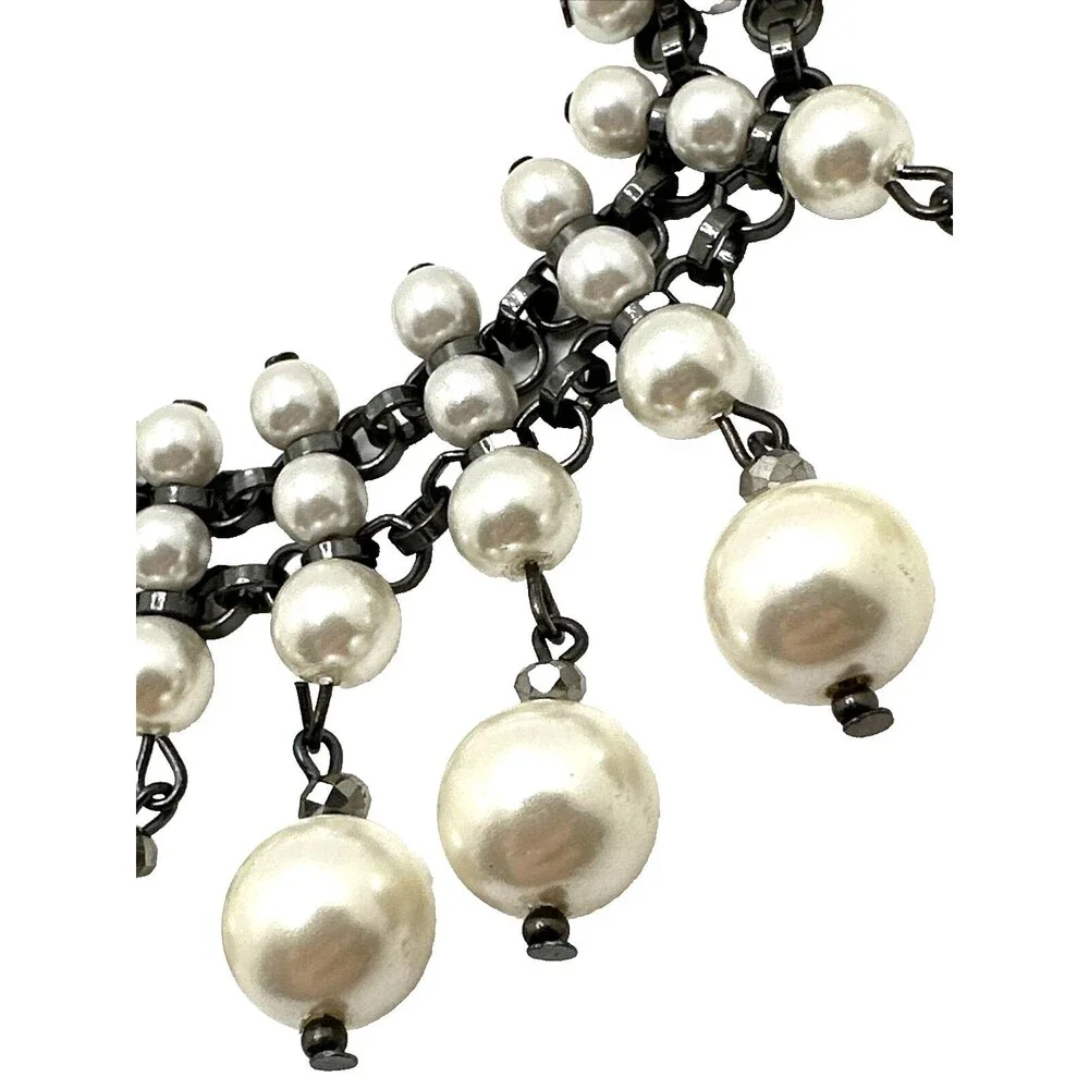 Vintage Faux Pearl Dangle Collar Necklace Black Chain Tribal Choker 14